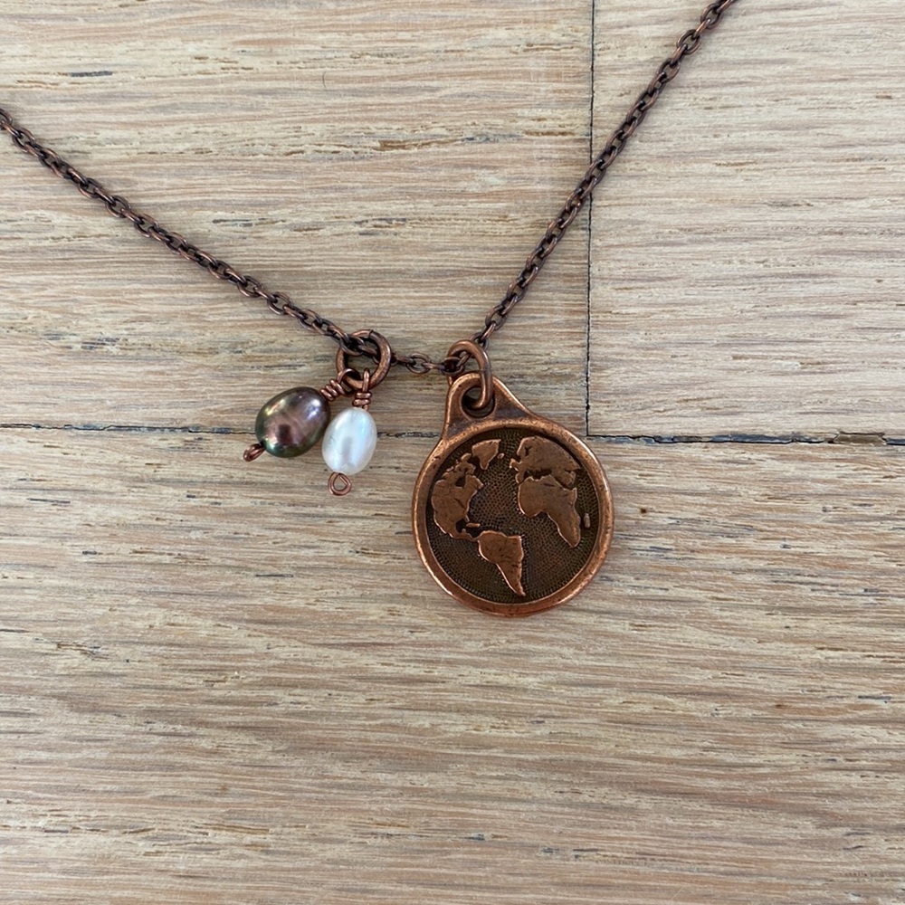 Antiqued Copper Globe and Pearl Charm Necklace